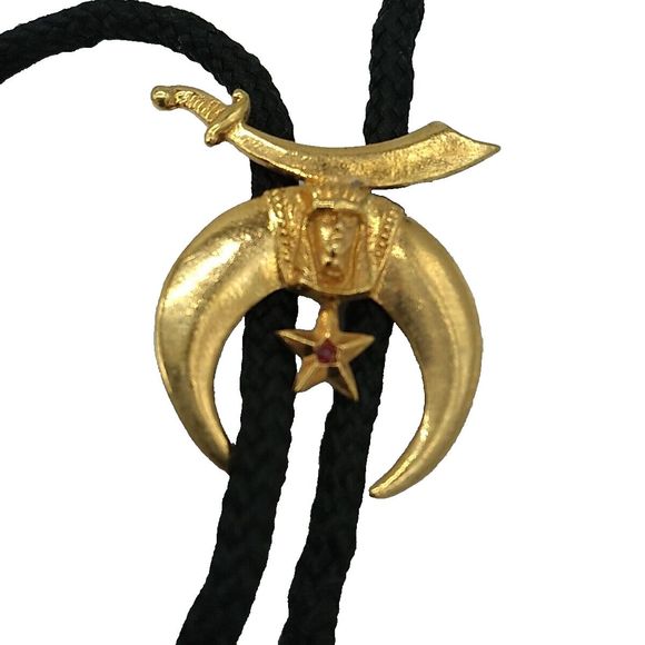 Vintage Masonic Star Shriners Crest, Star & Sword Freemasons Black Bolo Tie - Picture 3 of 5